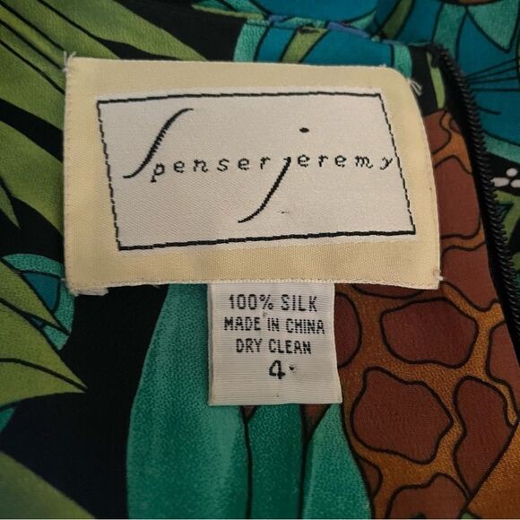 VINTAGE 90s Spenser Jeremy Leaves Jungle Animal Butterfly Print Silk Dress - Picture 7 of 8